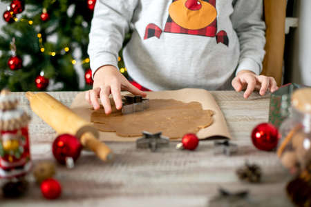 Preparation of festive christmas gingerbread cookies. Raw dough, cutting cookie and holiday decorationの写真素材