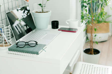 Comfortable Workspace. Modern workplace with laptop, notebooks, office supplies, phone and home plant on white office desk tableの写真素材