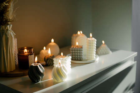 home decor. White dresser with dried flowers in vase and candles. Still life, hygge conceptの写真素材