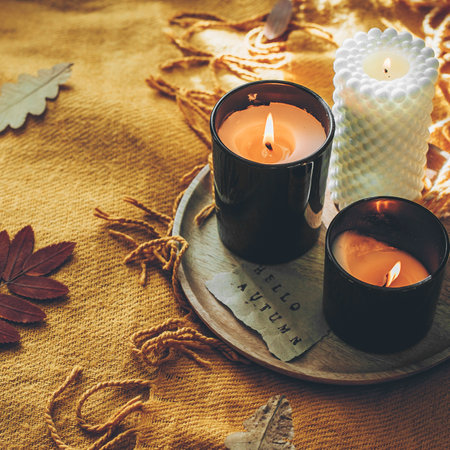 Woman drinking tea and a reading book. Cozy autumn at home.の写真素材