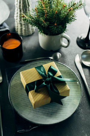 Christmas or New Year table setting on dark background. Flat lay, top view, copy space.の写真素材