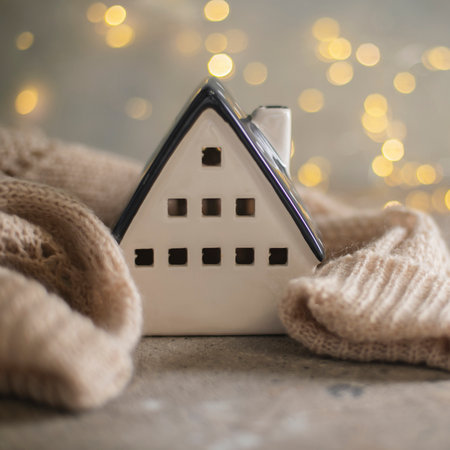 Ceramic house insulated by warm sweater. Concept of protection of house and lack of heat at home in winter. selective focusの写真素材
