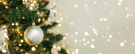 Decorated Christmas tree with silver ornaments. Merry Christmas and happy new year concept.の写真素材