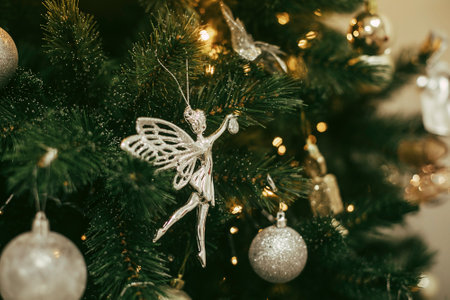 Decorated Christmas tree with silver ornaments. Merry Christmas and happy new year concept.の写真素材