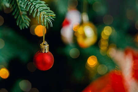 Decorated Christmas tree with silver ornaments. Merry Christmas and happy new year concept.の写真素材