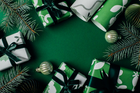 Christmas background with gift boxes, fir tree branches, wrapping paper and decorations on blue bachground. flat layの写真素材