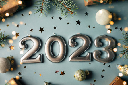 Numbers of year 2023 made by candles. Fir tree, gift box, holiday decoration on blue background. christmas postcard. Happy New Year 2023 card concept. Flat lay, top view.の写真素材