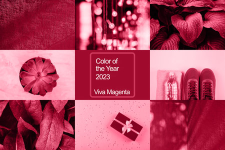 Collage made of different photos toned in viva magenta color. Color of the Year 2023.の写真素材
