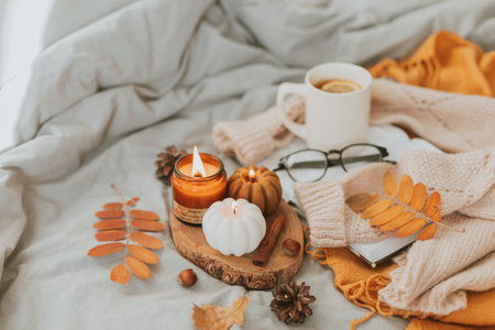 Burning candle shape of pumpkin and candle in amber jar. Cozy autumn concept