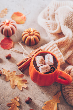 Autumn comfort beverage. Mug with cacao with marshmallow on table, cozy warm sweater, candle and autumn leaves.の写真素材