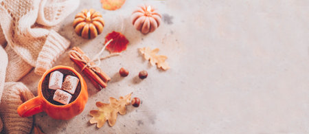 autumn still life. Cocoa mug and marshmallow, pumpkin candles, knitted sweater, cinnamon sticks and autumn leaves. Top view, flat lay. banner for websiteの写真素材