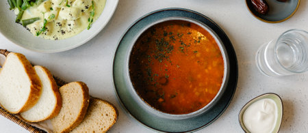 Ramadan food preparation for iftar meal during the holy month. Glass of water and bowl of dates. Soup, curry chicken and beets salad. Top view, flat lay. Banner for designの写真素材