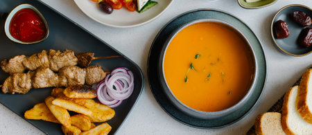 Lentil soup, beef skewers with baked potatoes and Greek salad. Glass of water and bowl of dates. Ramadan food preparation for iftar meal during the holy month. Long banner for designの写真素材