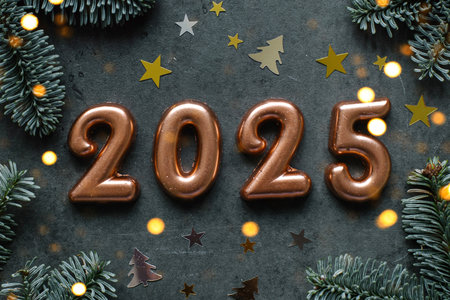 Christmas and New Year Greeting Card. Number 2025 on dark background. Holiday lights bokeh...