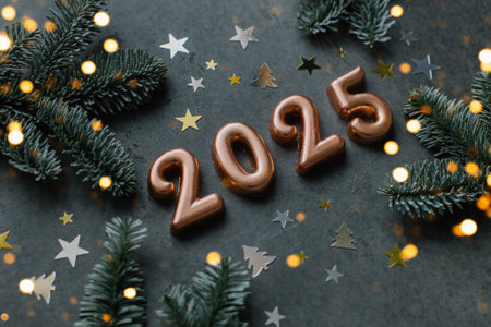 Christmas and New Year Greeting Card. Number 2025 on dark background. Holiday lights bokeh background. Happy New Year 2025 Conceptの写真素材