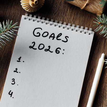 Notepad with Goals for 2026 Surrounded by Festive Decorations and Warm Lighting. Festive desk scene...