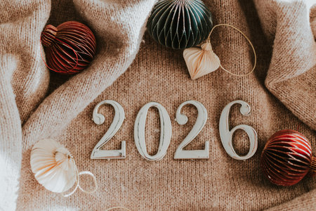 Silver numerals forming 2026 placed on a cozy blanket with traditional Christmas ornaments. Perfect...
