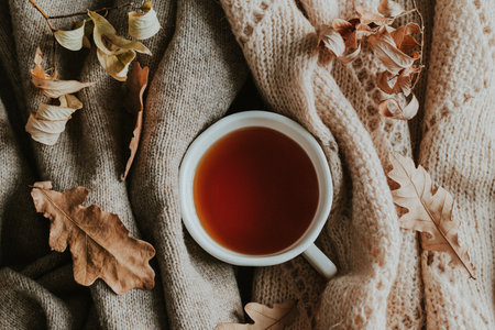 A warm cup of tea rests on a cozy, textured blanket among scattered dry autumn leaves, evoking comfort, relaxation, and the serene ambiance of the fall season.の写真素材