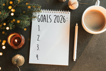 Goals 2026 in notebook, fir tree, burning candle, cup of coffee and Christmas decoration on table....