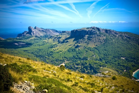 Cape formentor in the coast of mallorca  and the chemtrails on the sky ,balearic islandsの写真素材