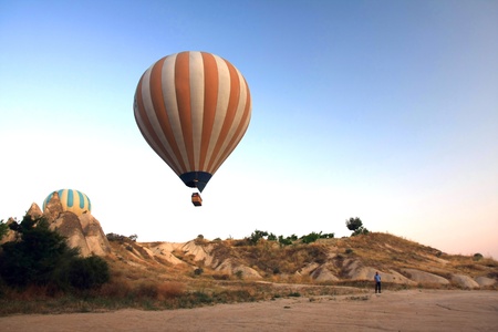 Hot air balloon flying in Cappadocia,Turkeyの写真素材