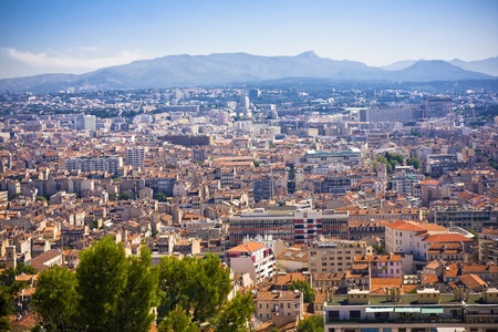 the amazing areal view on Marseille from mountain where is church od Notre Dame de la Guarde , Franceの写真素材