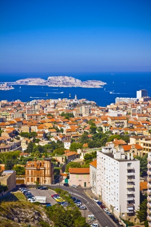 the amazing areal view on Marseille from mountain where is church od Notre Dame de la Guarde , Franceの写真素材
