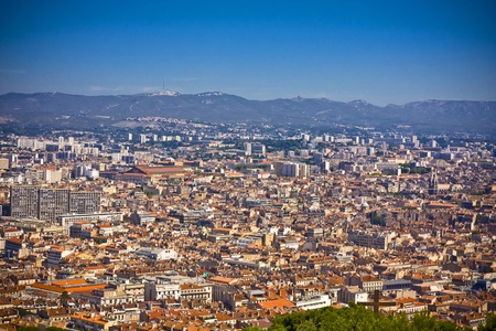 the amazing areal view on Marseille from mountain where is church od Notre Dame de la Guarde , Franceの写真素材