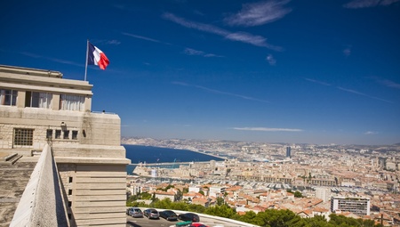 the amazing areal view on Marseille from mountain where is church od Notre Dame de la Guarde , Franceのeditorial素材