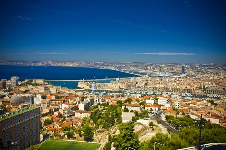 the amazing areal view on Marseille from mountain where is church od Notre Dame de la Guarde , Franceの写真素材