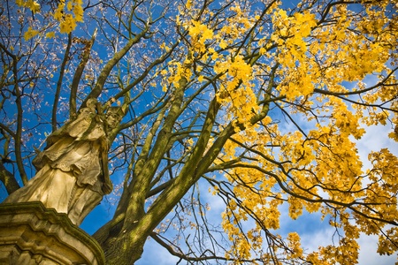 St  John of Nepomuk in Czestochowa city under the autumn leaves, Polandの写真素材
