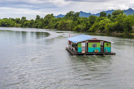 Floating restaurants for rent on river Kwai in Kanchanaburi, Thailandのeditorial素材