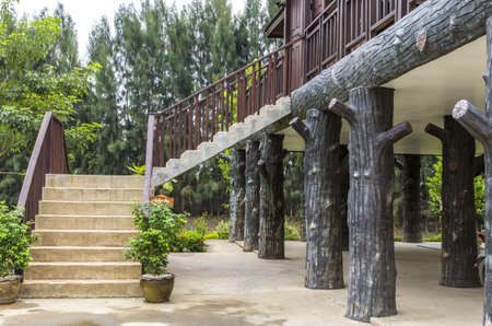 Thai style wooden houses having only pillars in ground floorのeditorial素材