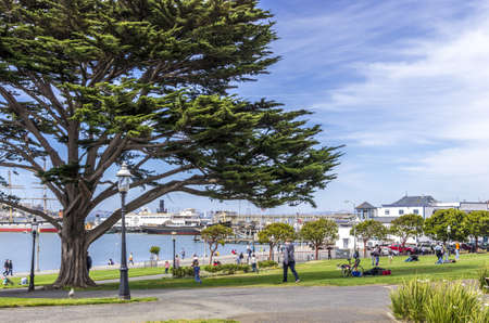 San Francisco, California - June 12, 2013 : View of Hyde Street Pier from Ghirardelli Square. It  is a historic ferry pier located on the northern waterfront of San Francisco, California, amidst the tourist zone of Fishermanのeditorial素材