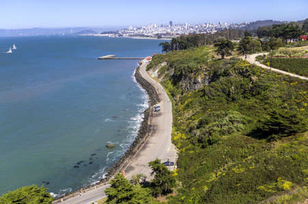 San Francisco, California - June 12, 2013 : A scenic view of Marine Drive, Torpedo Wharf and Downtown San Francisco from the Golden Gate bridge.のeditorial素材