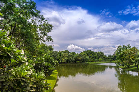 Beautiful tropical landscape with a river and blue sky in Thailandの写真素材
