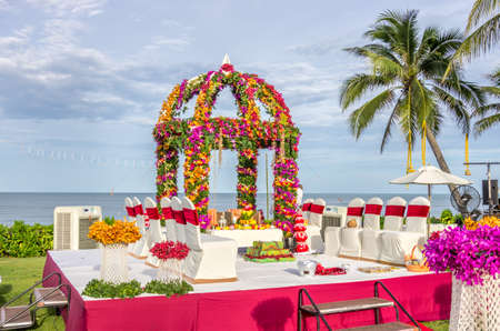 Hua Hin, Thailand - July 1st, 2014   Beautifully decorated mandap or stage for the Indian marraige ceromony at Sheraton Hua Hin Resort   Spa in Hua Hin, Thailandのeditorial素材