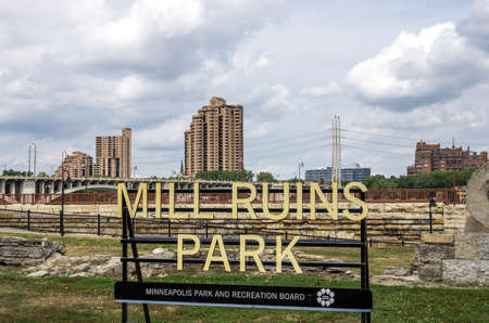 Minneapolis, Minnesota - August 21, 2014: The Mill Ruins Park is located on the historic Mississippi Riverfront in Minneapolis, MN, USA. The park symbolizes return of the city to its roots.のeditorial素材