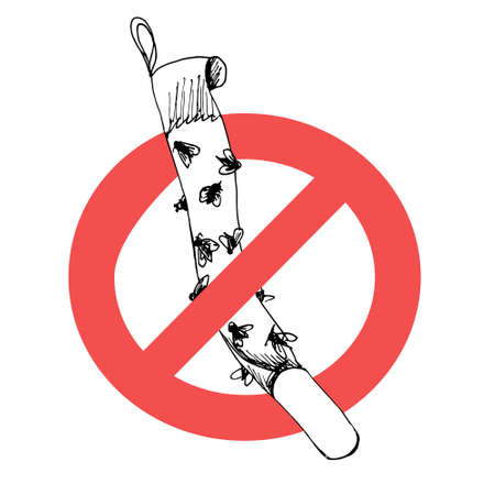 Do not used sticky flypaper tape for flies. Forbidden sign insect control vector symbol icon illustration isolated. Perfect for exterminator service companies. Silhouette trap or fly-killing device.のイラスト素材