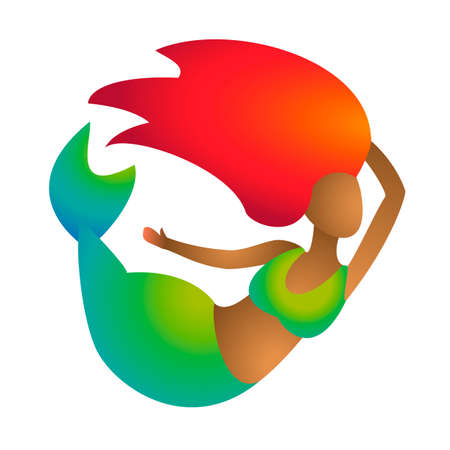 African black mermaid or  siren with red hair and green gradient tail and brown skin. Redhead young marine girl fish. Vector illustration in white background.のイラスト素材
