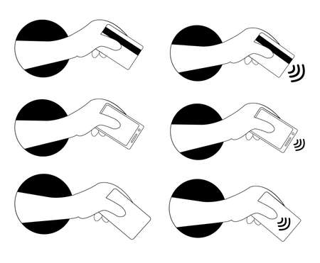 Set collection of hands through a black round hole holding phones, bank cards, blank papers with 3 waves. Contactless and wireless online payment technology through the NFC, pay pass.のイラスト素材