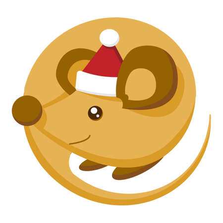 Happy New Year. 2020 year of the rat. Mouse in santa claus hat in cartoon flat style isolated on white background. The rodent around itself is round.のイラスト素材