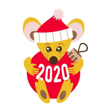 Happy chinese New year 2020 Rat zodiac sign. Cute yellow mouse in a santa hat hugs holds a Christmas tree red ball. Isolated on a white background.のイラスト素材