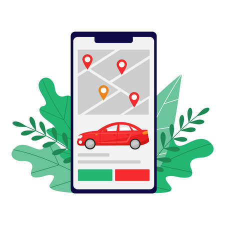 Smart city transportation vector illustration concept, Online red car sedan sharing in screen of smartphone, can use for landing page, template, ui, web, mobile app, poster, banner, flyerのイラスト素材