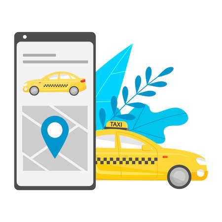 Mobile application for searching and calling a city taxi. On the screen of the phone is a map with pin, yellow car cab. Near the phone, a car surrounded by leaves. Isolated on white background.のイラスト素材