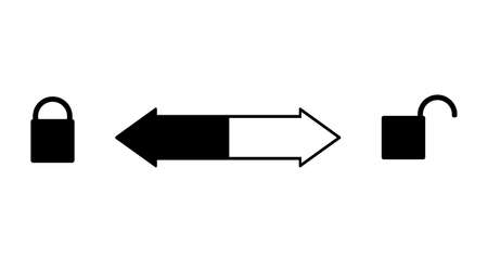 To open or close you need to turn right or left. The lock is open on the right and closed - on the left. Arrow back and forth in the middle. Vector sign silhouetteのイラスト素材