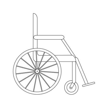 Color book. Outline silhouette of empty wheelchair. Transport for handicapped in case of illness, or disability, medical support equipment. Vector icon illustration, isolated, white background.のイラスト素材