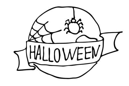 Outline round label with ribbon Halloween around the moon with a spider and cobwebs. Vector illustration hand drawing on a white background  isolated for coloring bookのイラスト素材