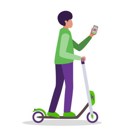 Cheerful young slim boy rides a lime green electric scooter and looks at the phone for navigation. A man rides a rented kick scooter and looks at the app by sharing isolated on a white background.のイラスト素材
