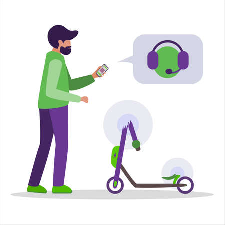 Broken rented kick electric scooter. A young man writes in an app, calls technical support by phone to repair and pay insurance. Vector illustration on a white background.のイラスト素材